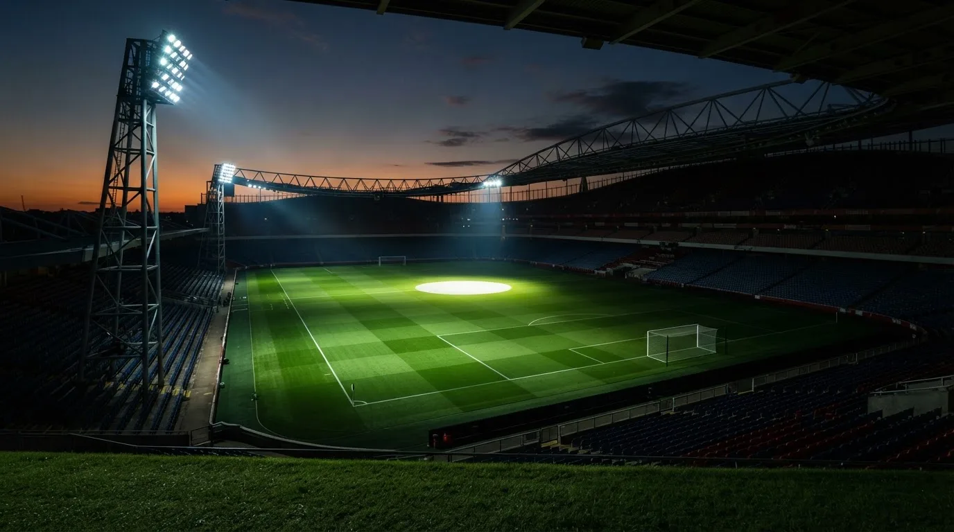 An empty football stadium with floodlight masts at dusk