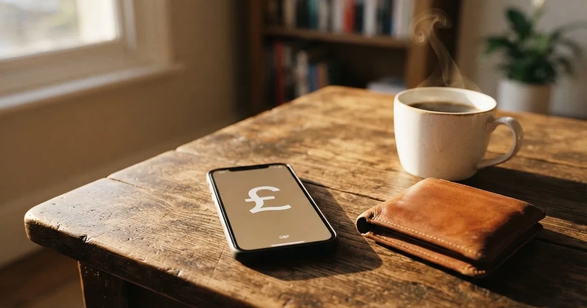 A smartphone on a wooden table beside a wallet and a coffee cup