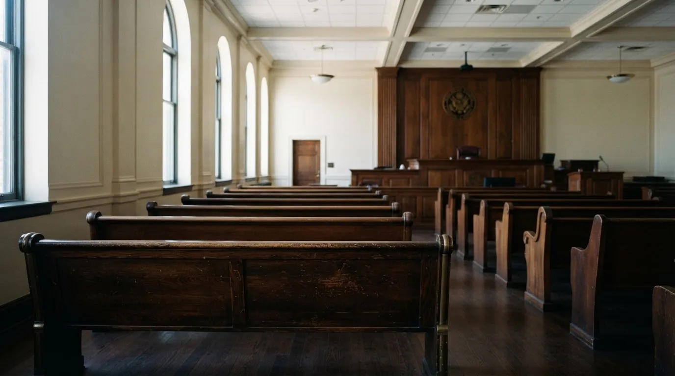 An empty courtroom with wooden benches in morning light