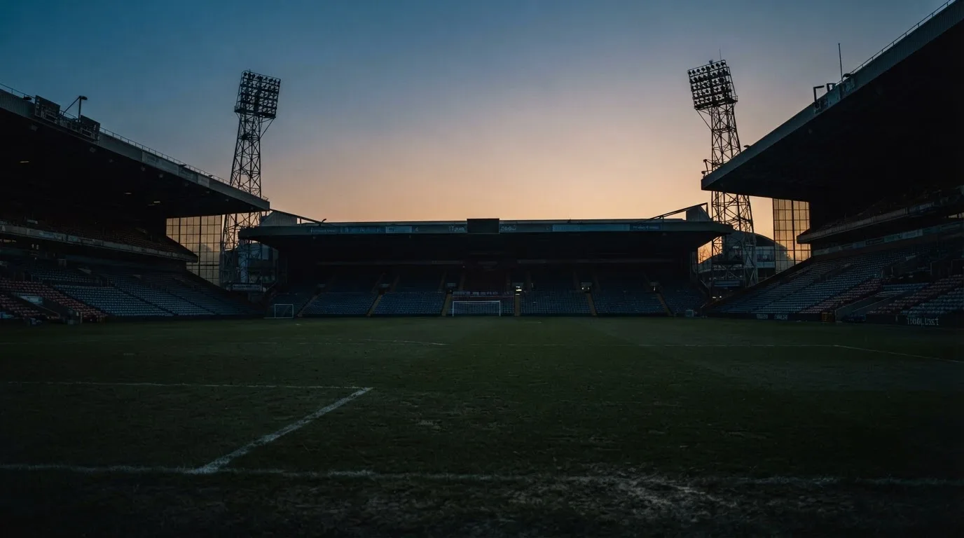 An empty football stadium with floodlight masts at dusk
