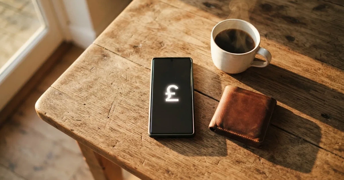 A smartphone on a wooden table beside a wallet and a coffee cup