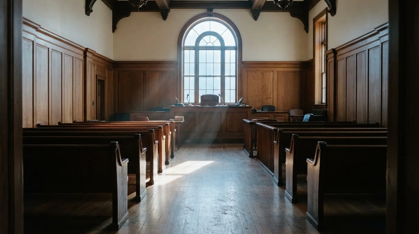 An empty courtroom with wooden benches in morning light