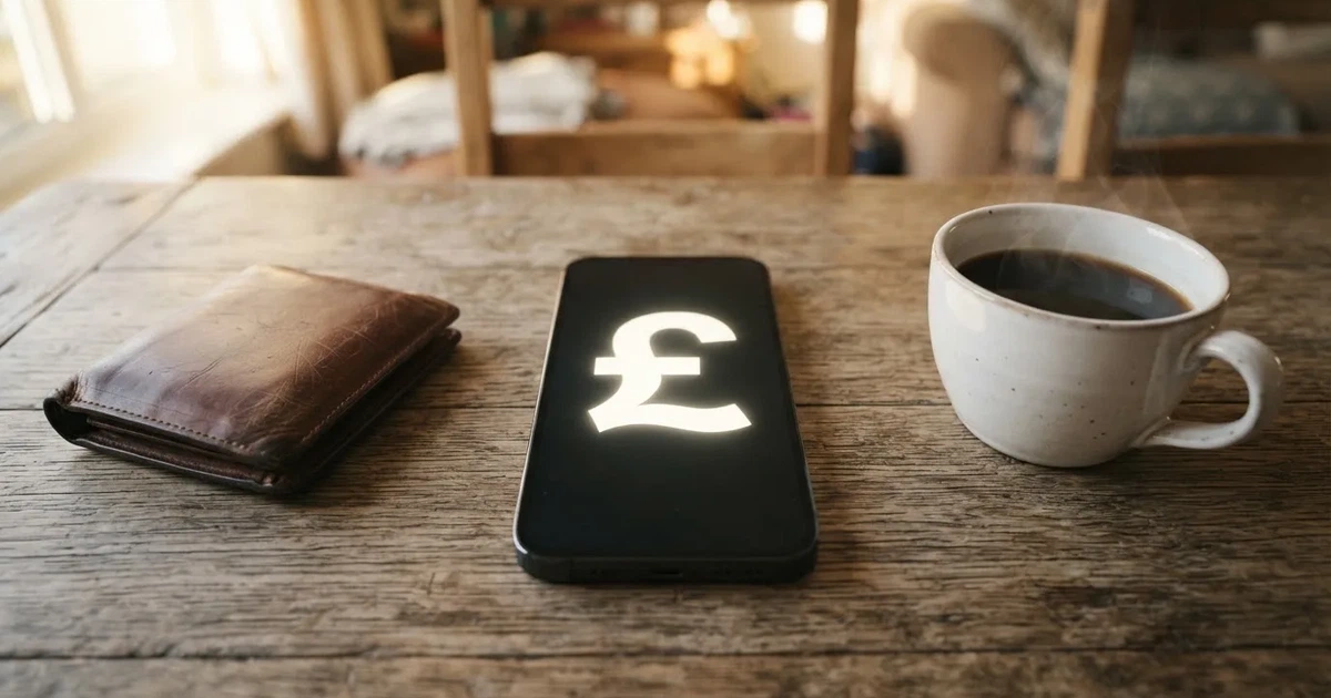 A smartphone on a wooden table beside a wallet and a coffee cup