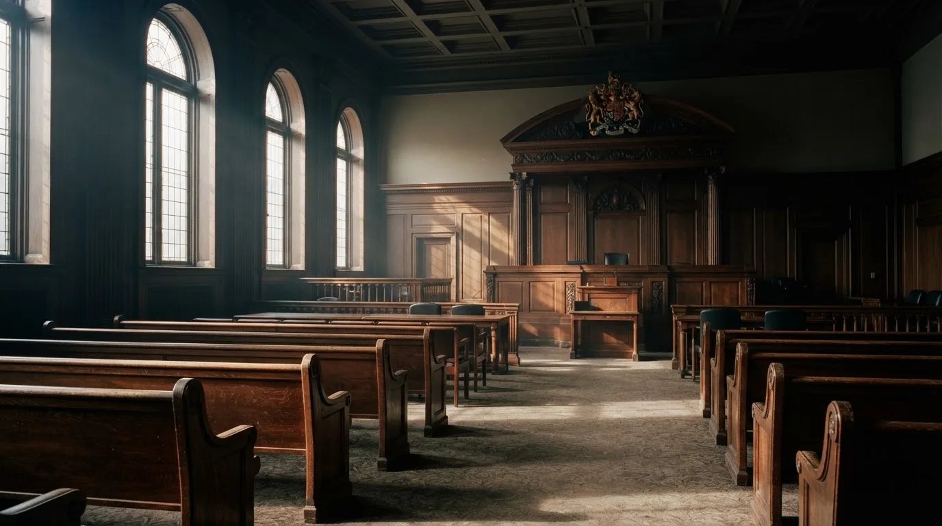 An empty courtroom with wooden benches in morning light