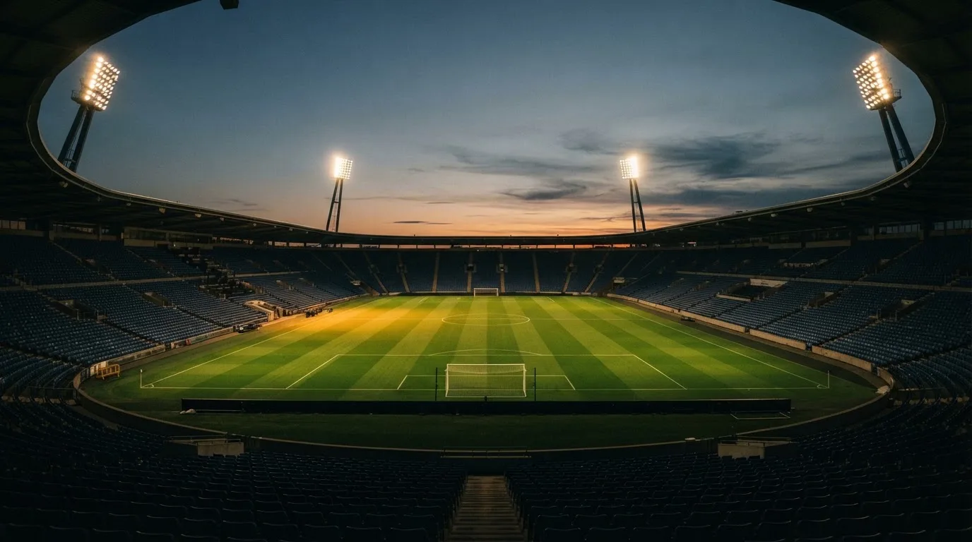 An empty football stadium with floodlight masts at dusk