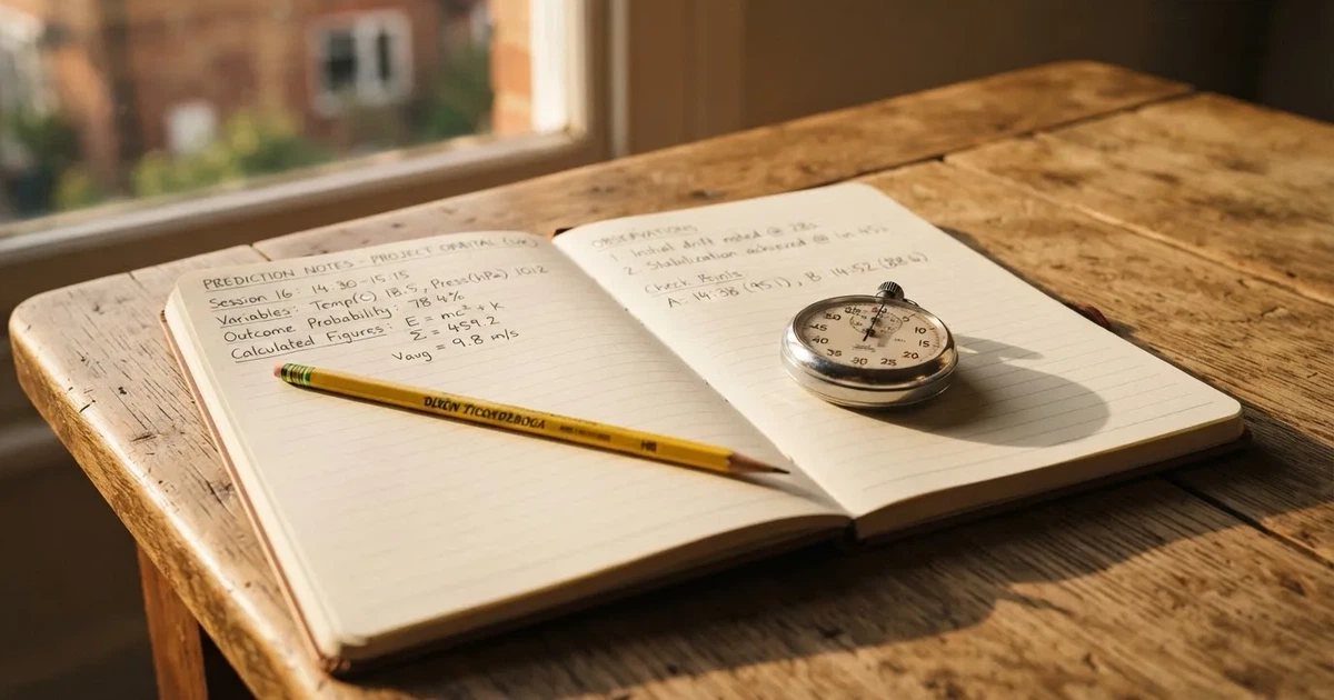 An open notebook with a pencil and a stopwatch on a wooden table