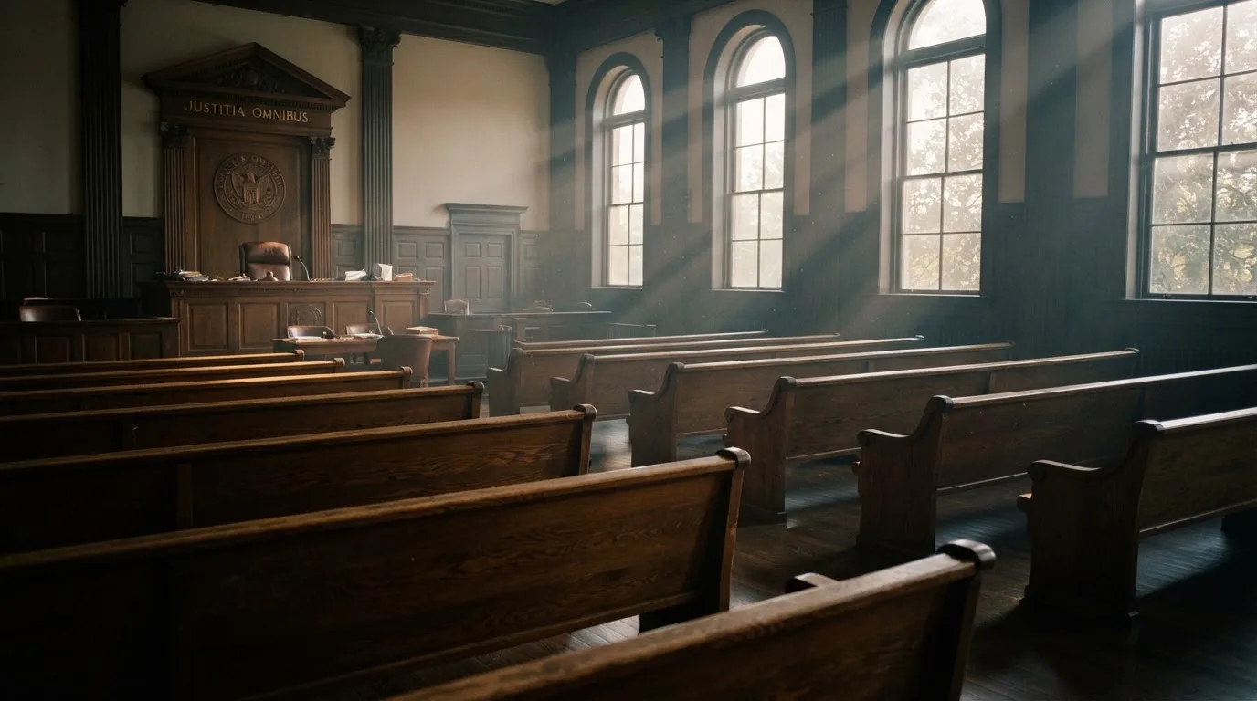 An empty courtroom with wooden benches in morning light