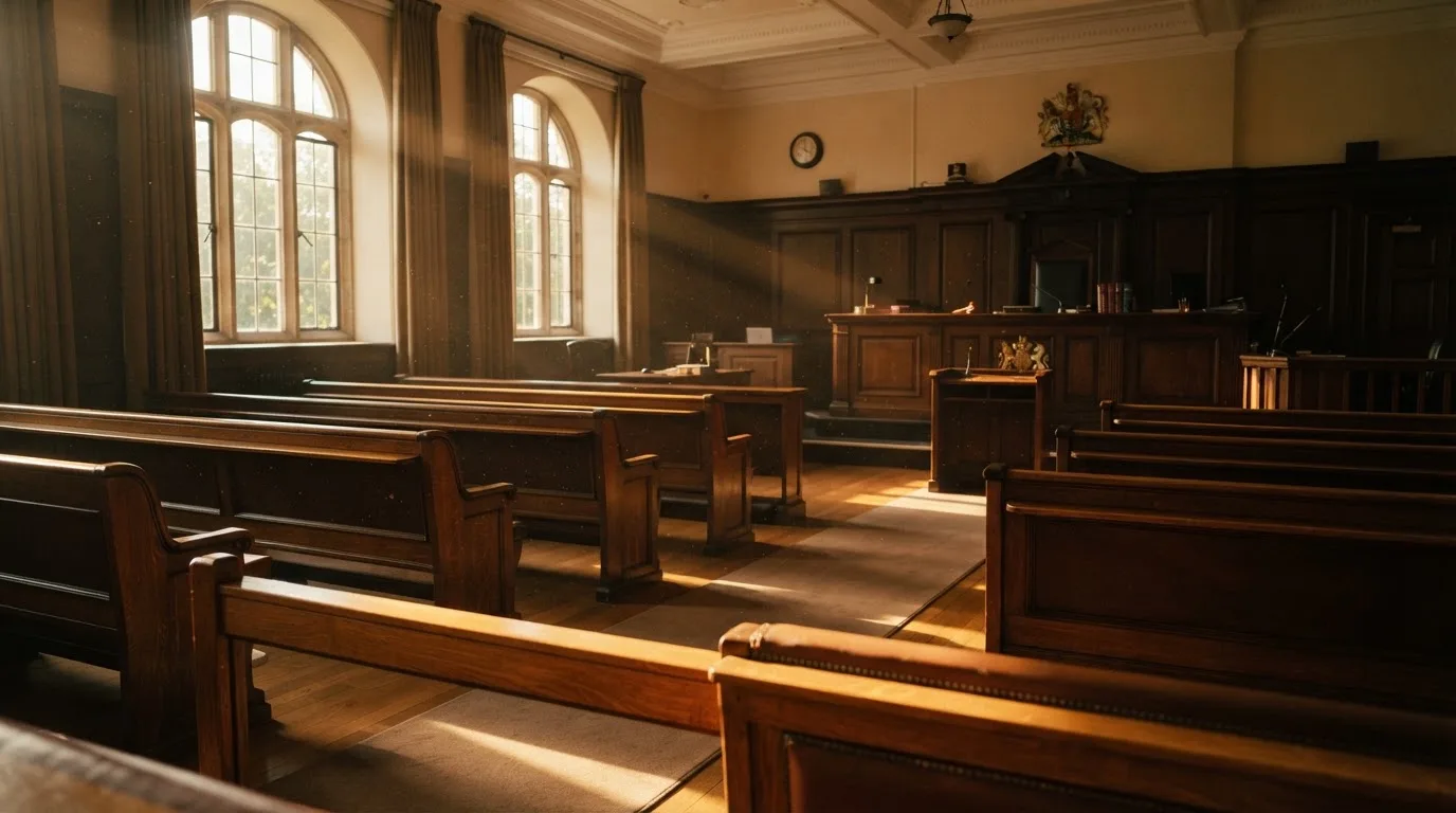 An empty courtroom with wooden benches in morning light