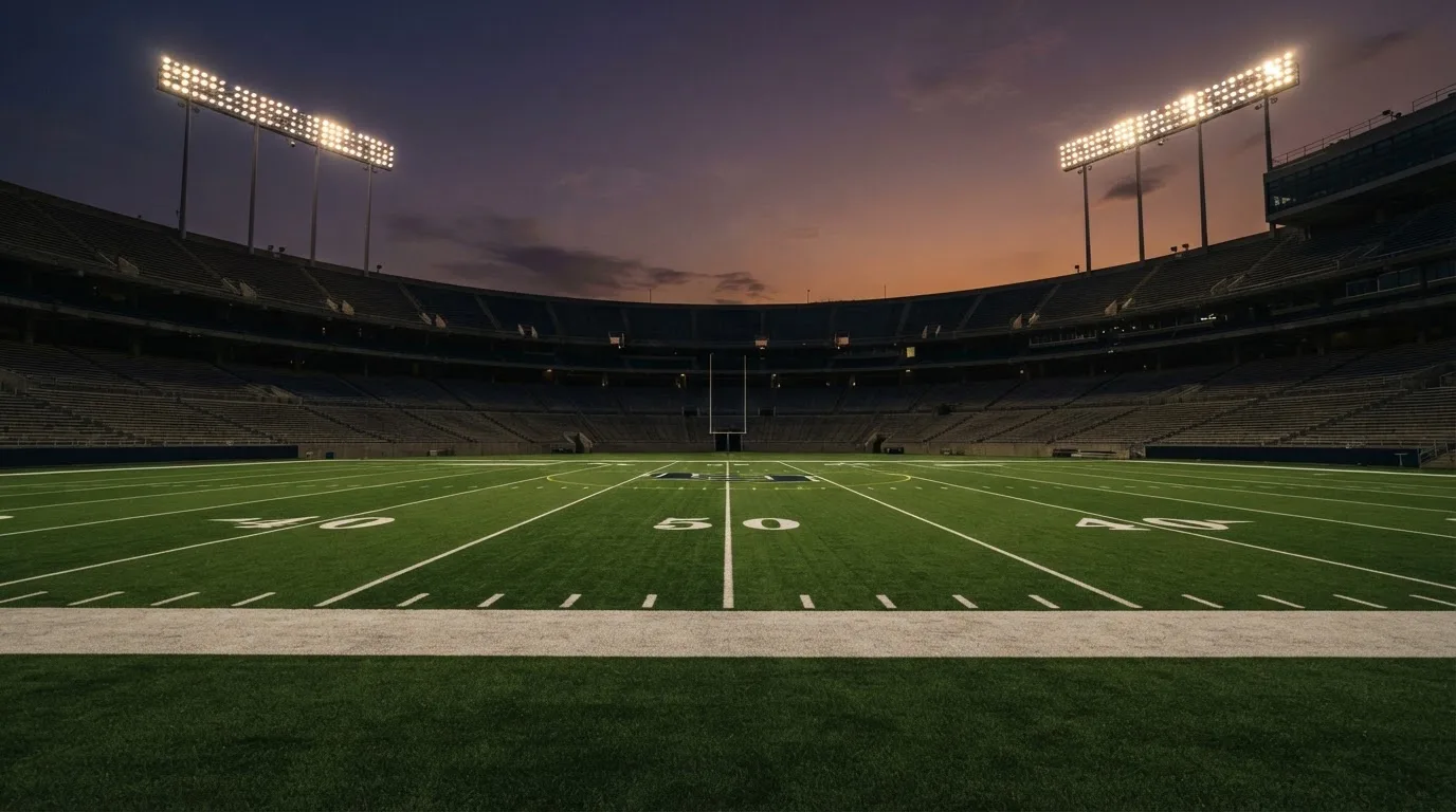 An empty football stadium with floodlight masts at dusk