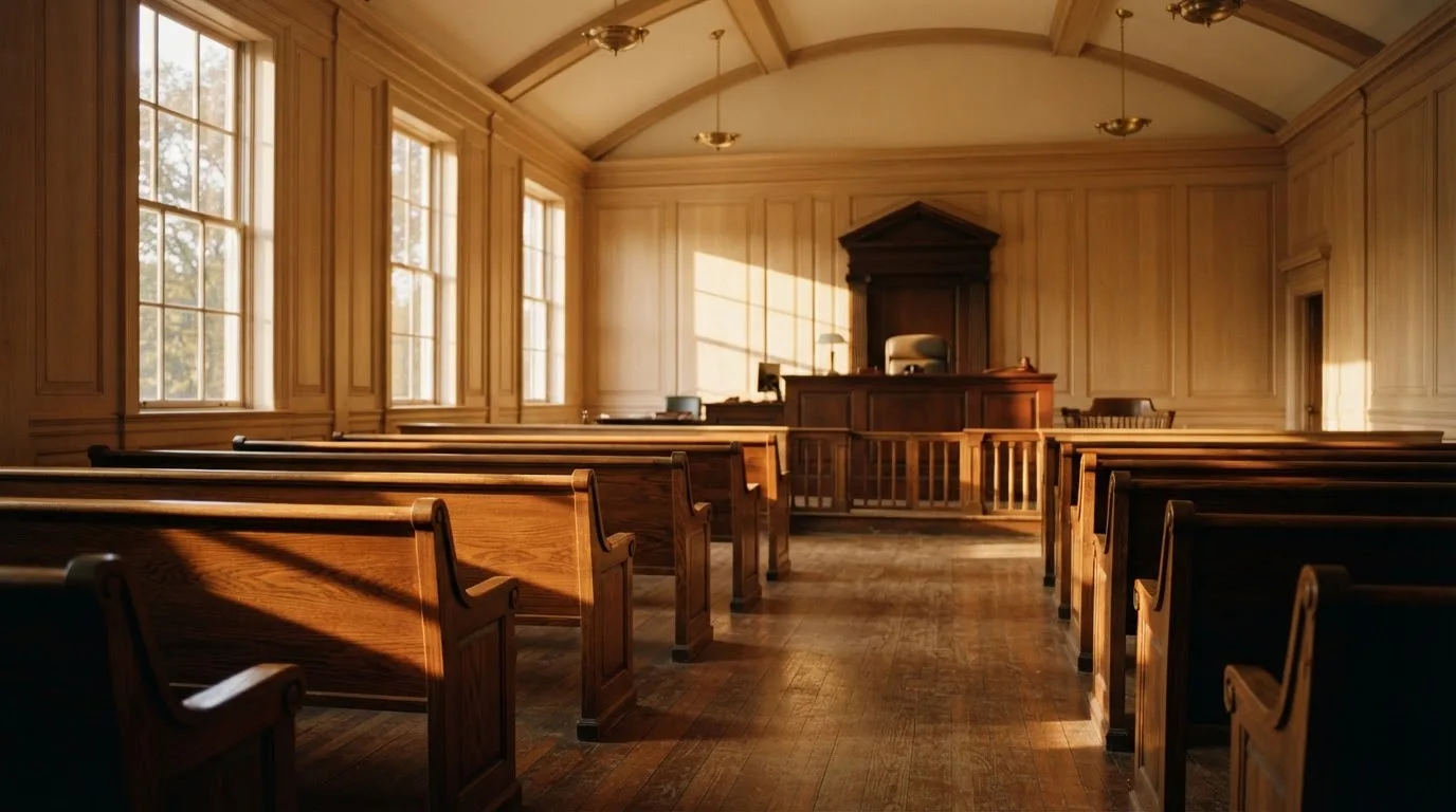 An empty courtroom with wooden benches in morning light