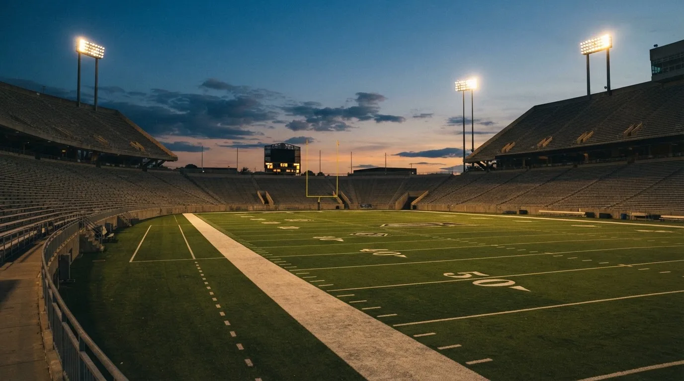 An empty football stadium with floodlight masts at dusk