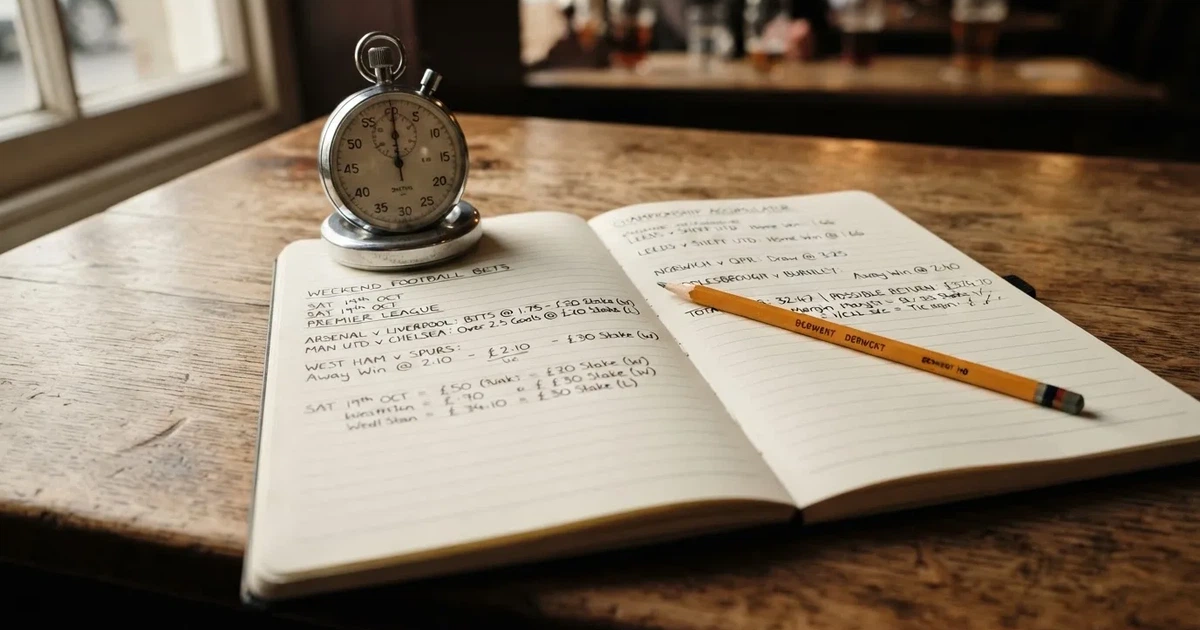 An open notebook with a pencil and a stopwatch on a wooden table