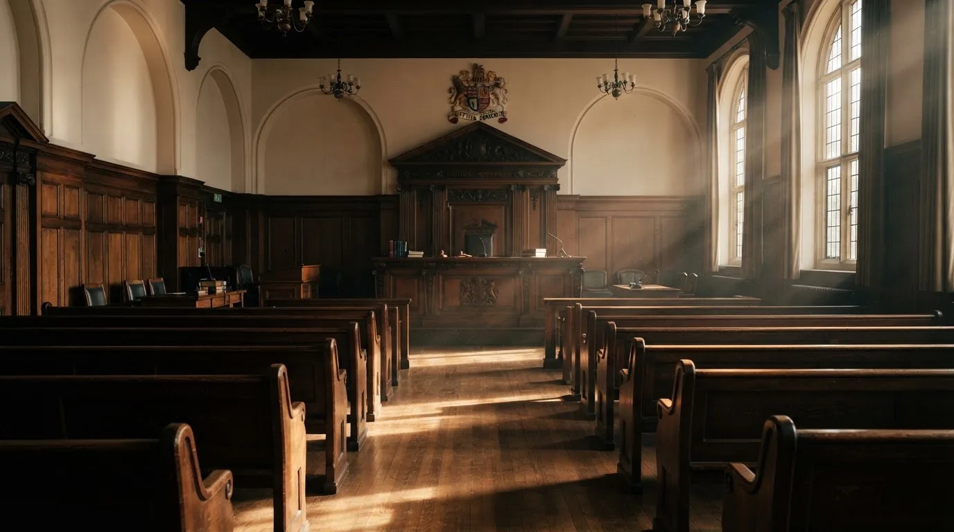 An empty courtroom with wooden benches in morning light