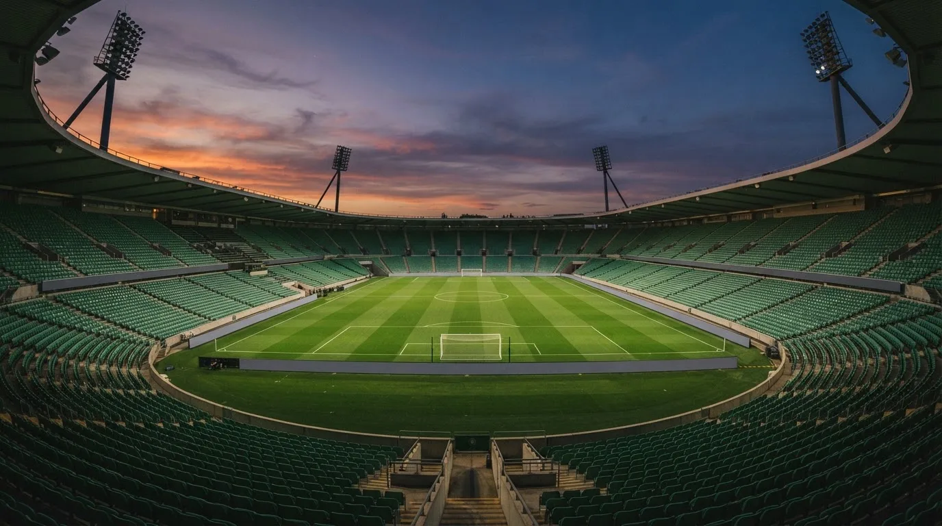 An empty football stadium with floodlight masts at dusk