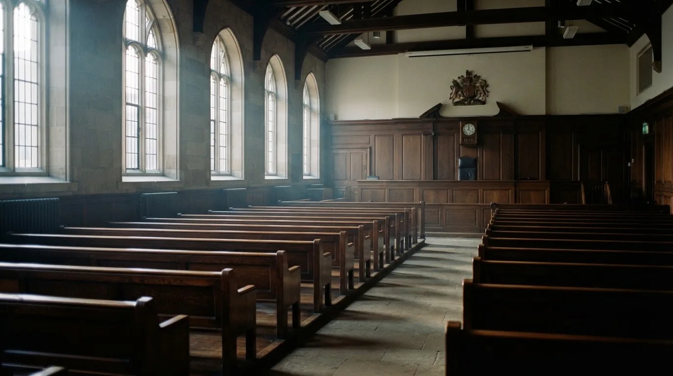 An empty courtroom with wooden benches in morning light