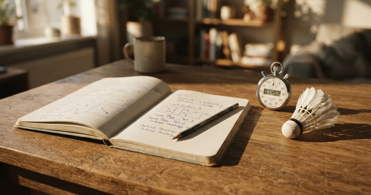 An open notebook with a pencil and a stopwatch on a wooden table