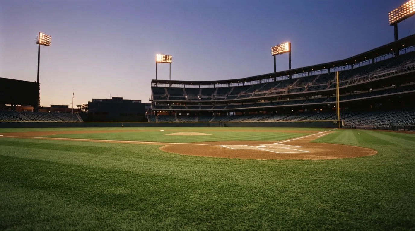 An empty football stadium with floodlight masts at dusk
