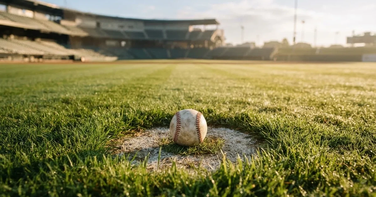 A ball on the centre spot of a grass pitch in morning light