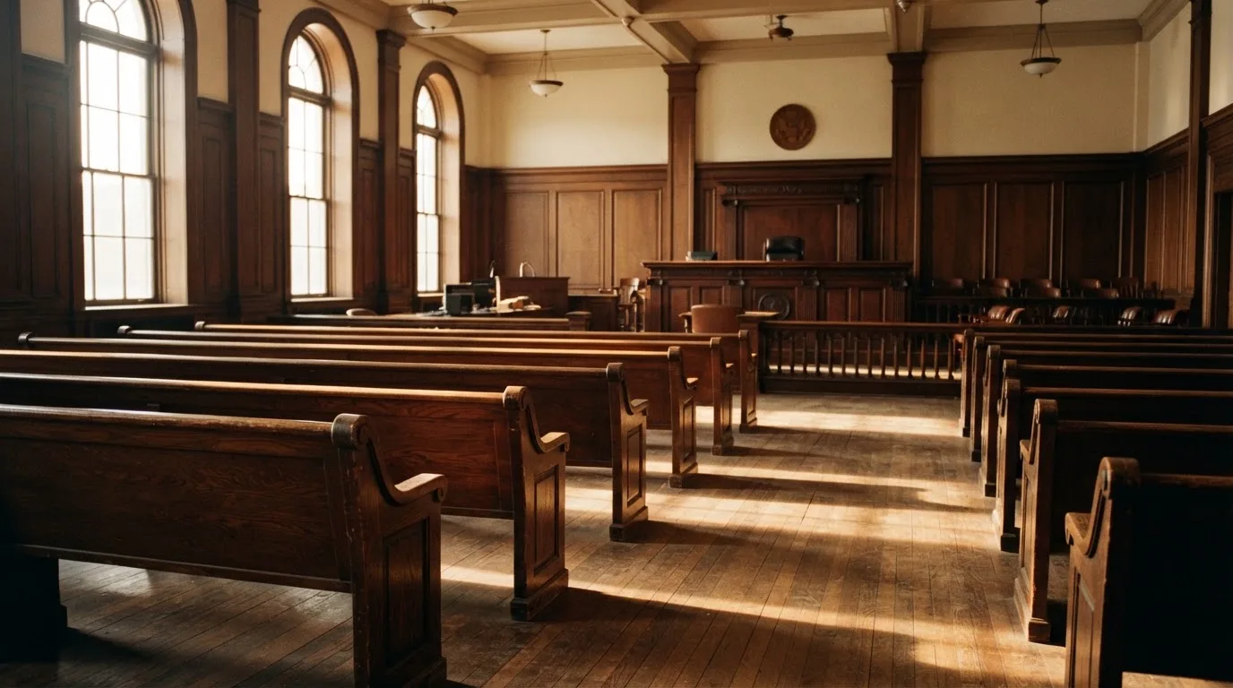 An empty courtroom with wooden benches in morning light
