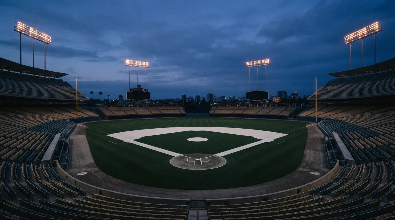 An empty football stadium with floodlight masts at dusk