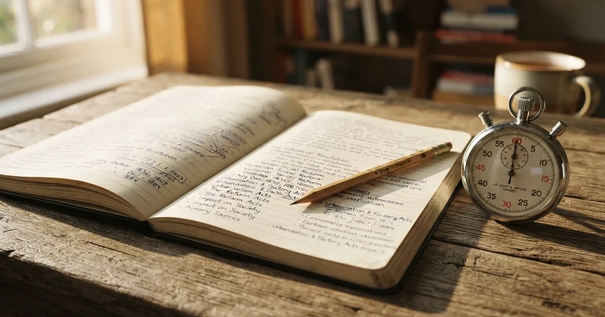 An open notebook with a pencil and a stopwatch on a wooden table