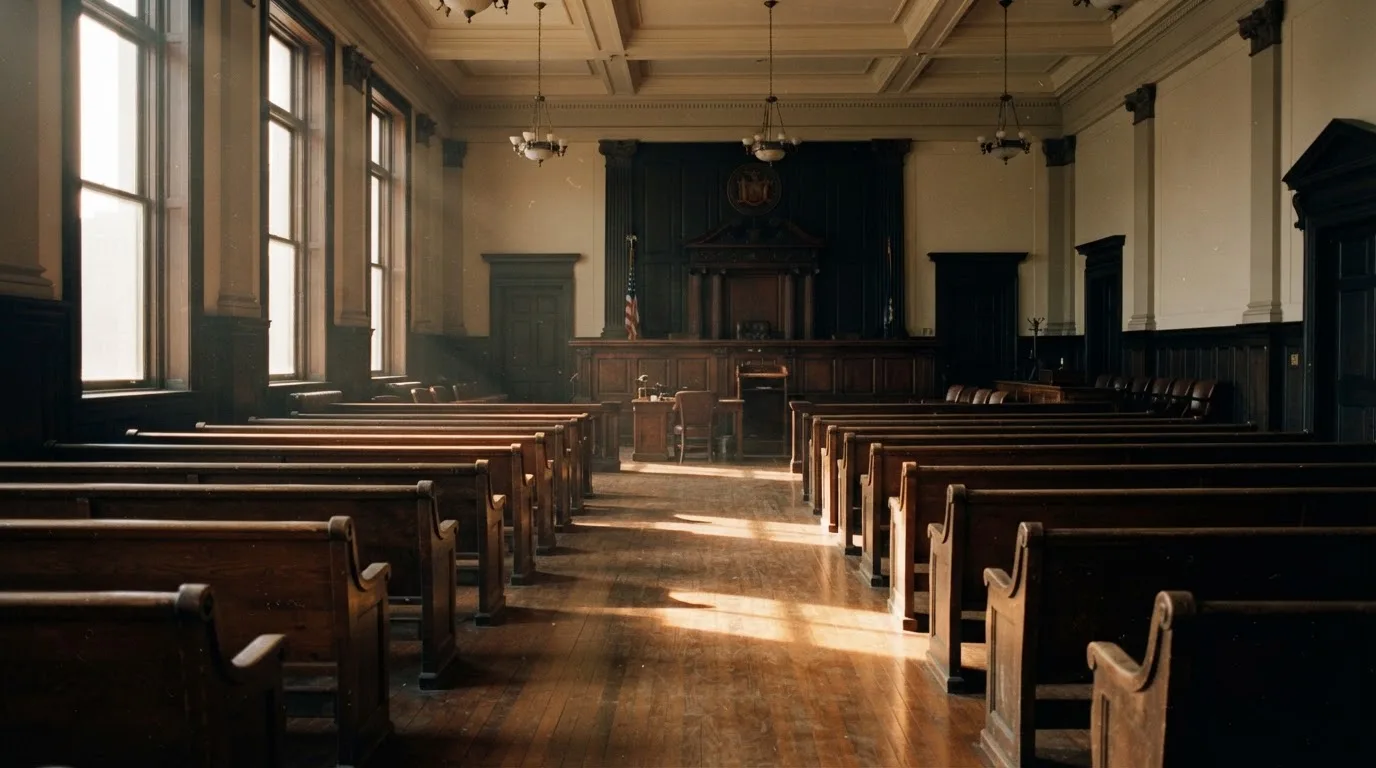 An empty courtroom with wooden benches in morning light