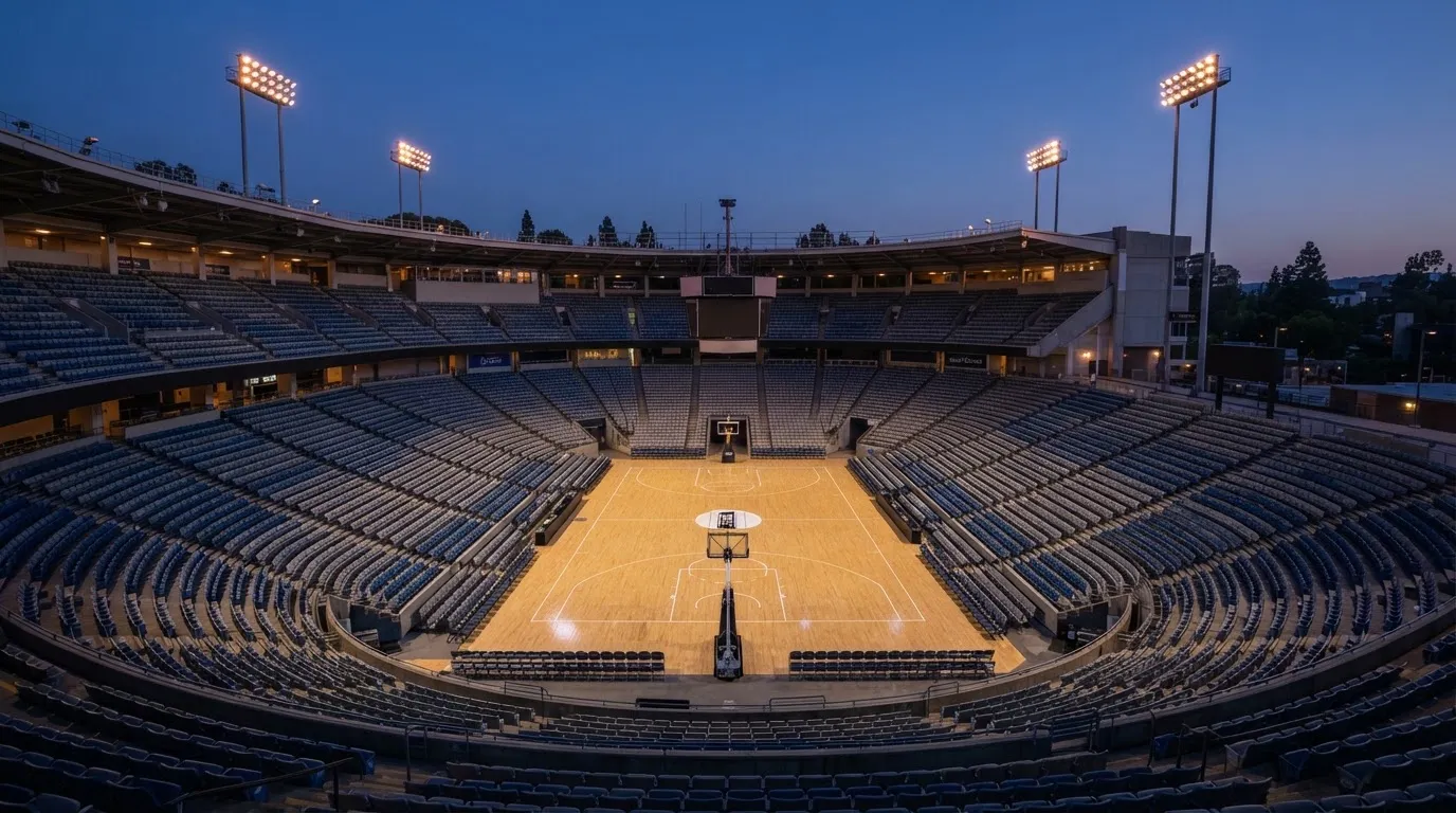 An empty football stadium with floodlight masts at dusk