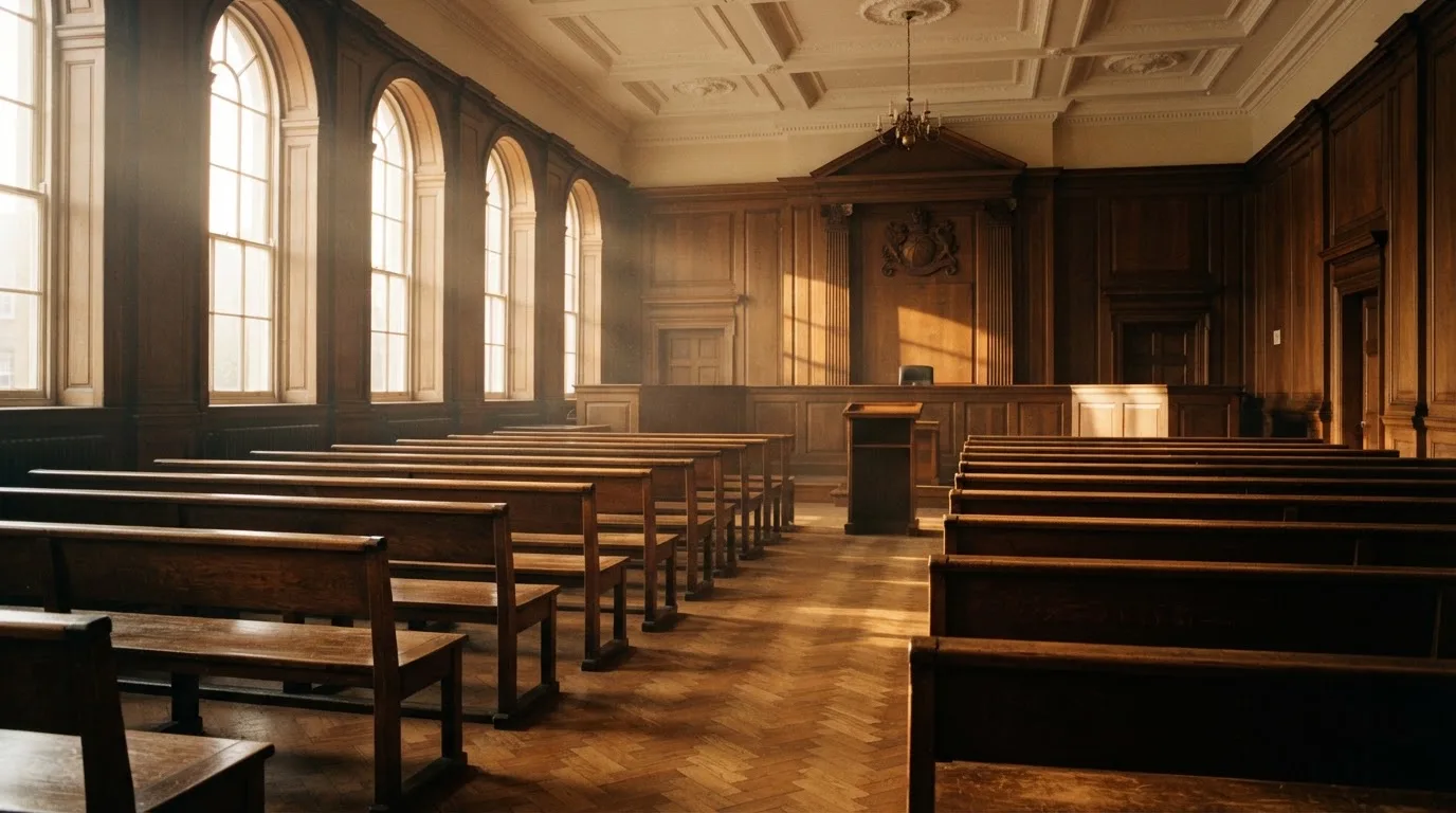 An empty courtroom with wooden benches in morning light