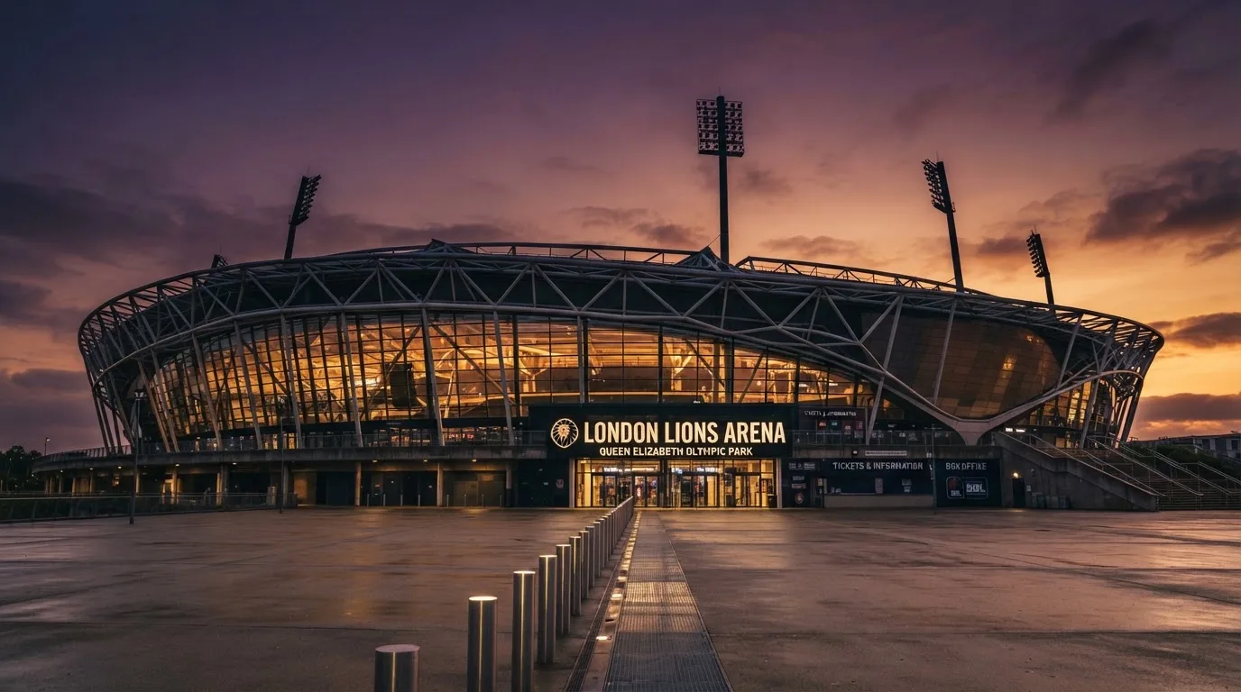 An empty football stadium with floodlight masts at dusk