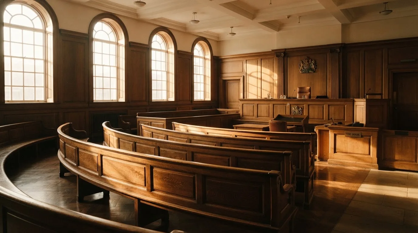 An empty courtroom with wooden benches in morning light