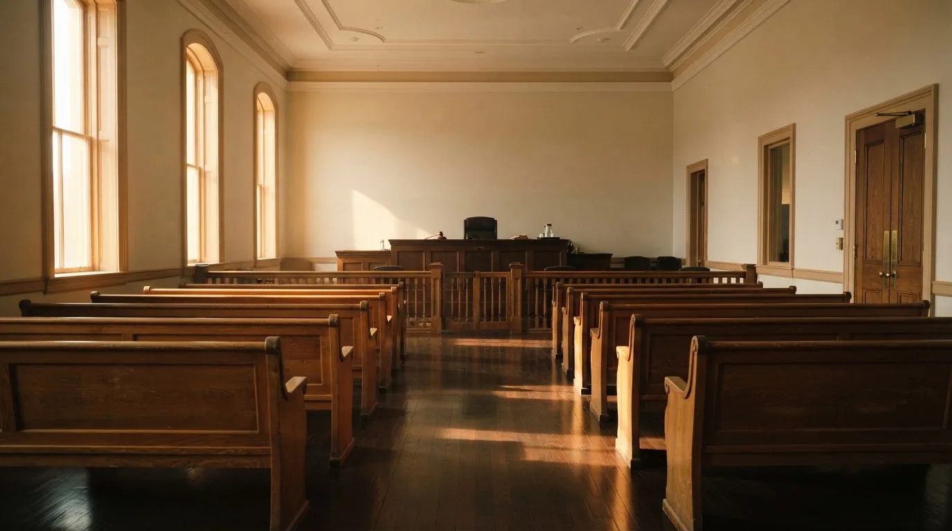 An empty courtroom with wooden benches in morning light