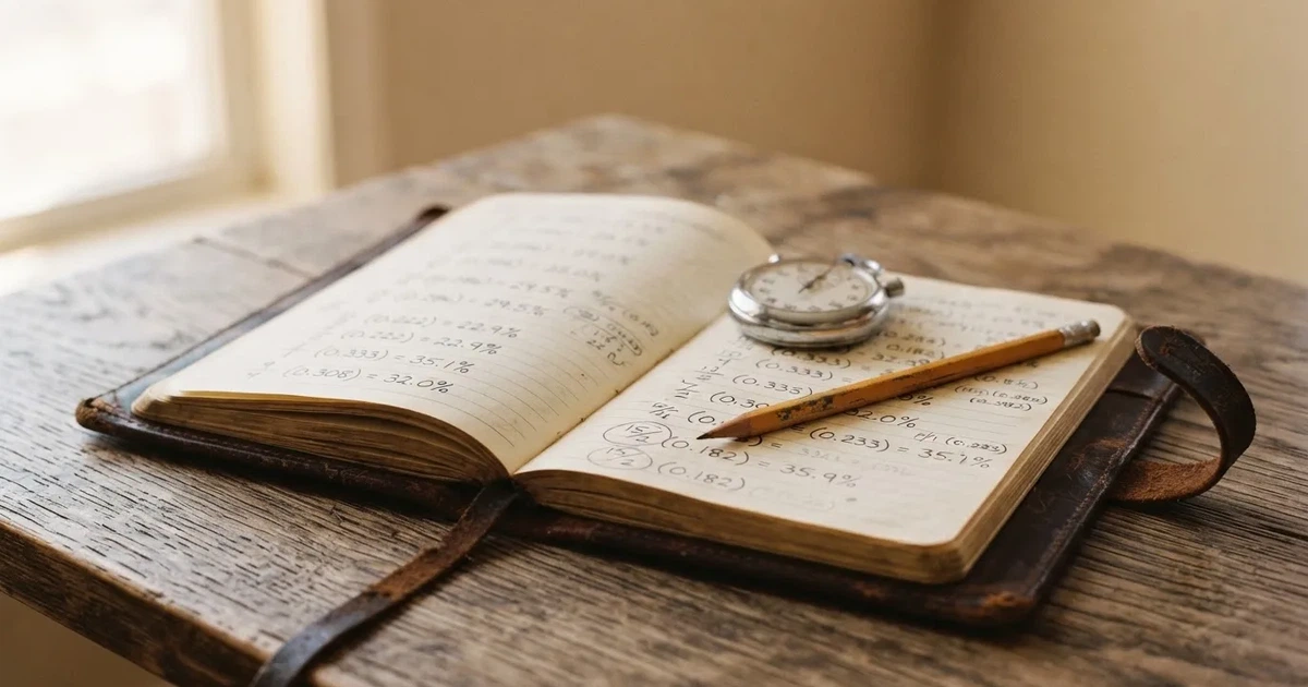 An open notebook with a pencil and a stopwatch on a wooden table