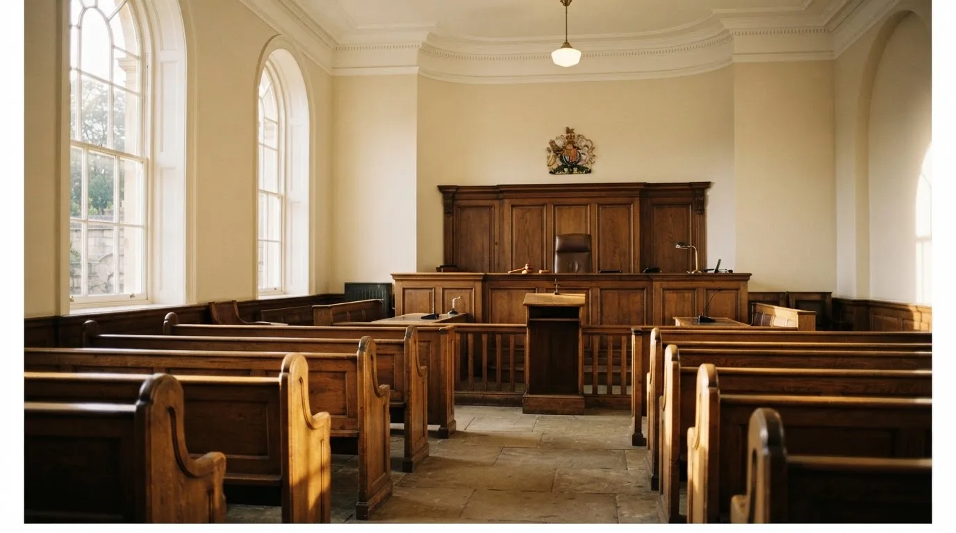 An empty courtroom with wooden benches in morning light