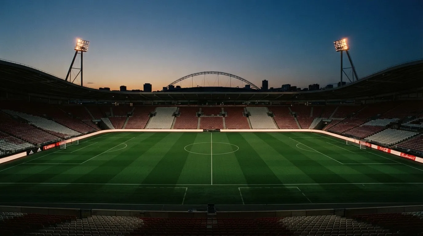 An empty football stadium with floodlight masts at dusk