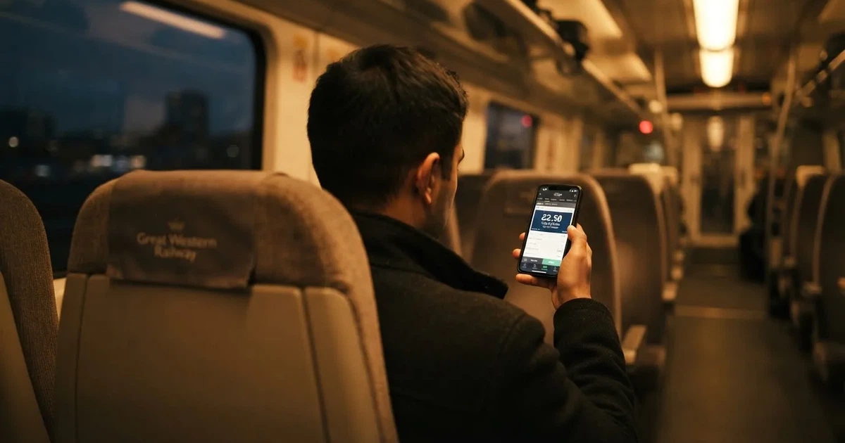 A hand holding a smartphone on a train in the evening, screen turned away
