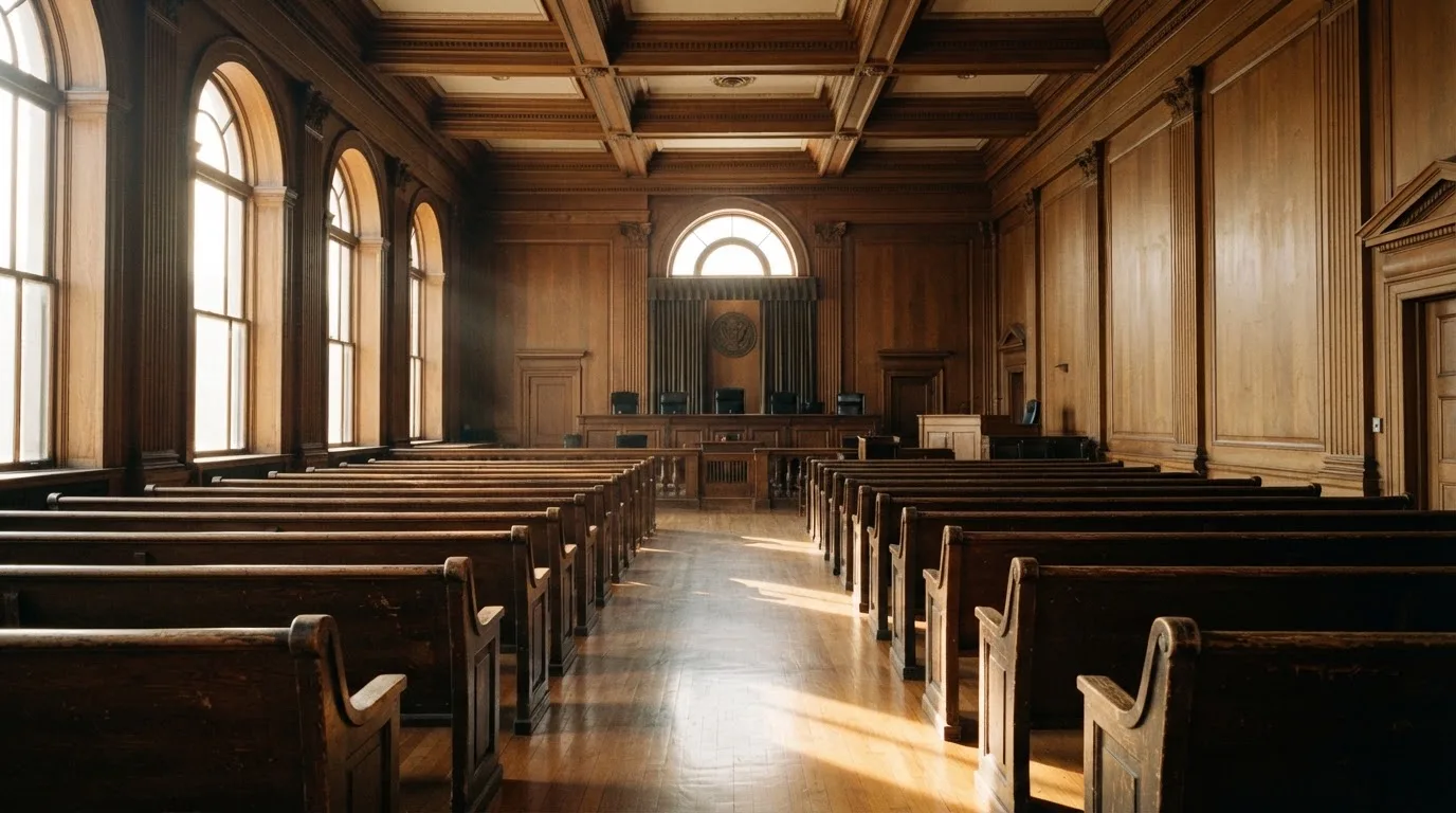 An empty courtroom with wooden benches in morning light