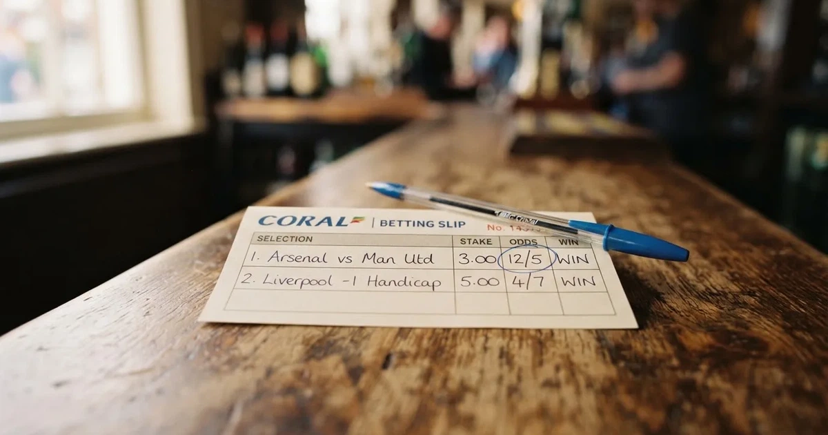 A blank paper betting slip beside a pen on a wooden counter