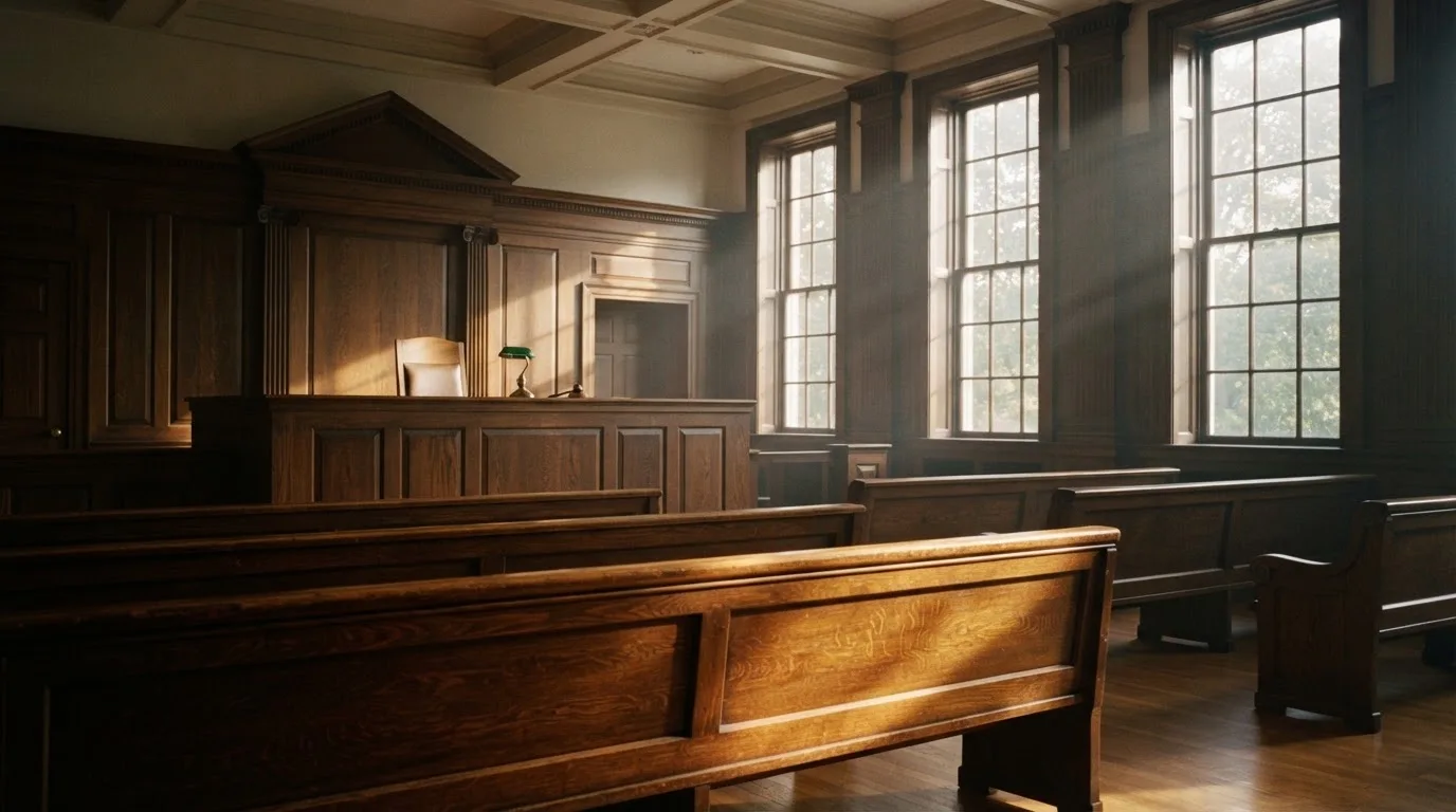 An empty courtroom with wooden benches in morning light