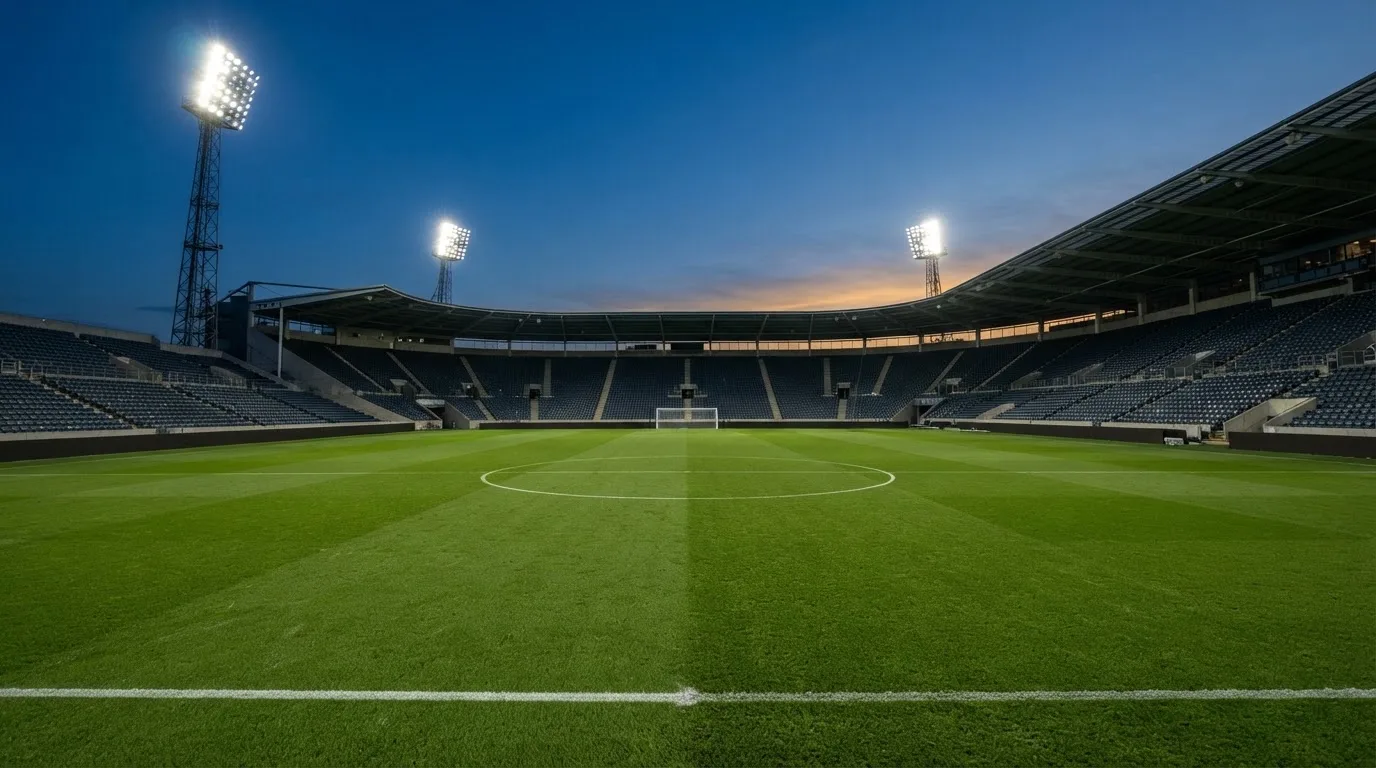 An empty football stadium with floodlight masts at dusk
