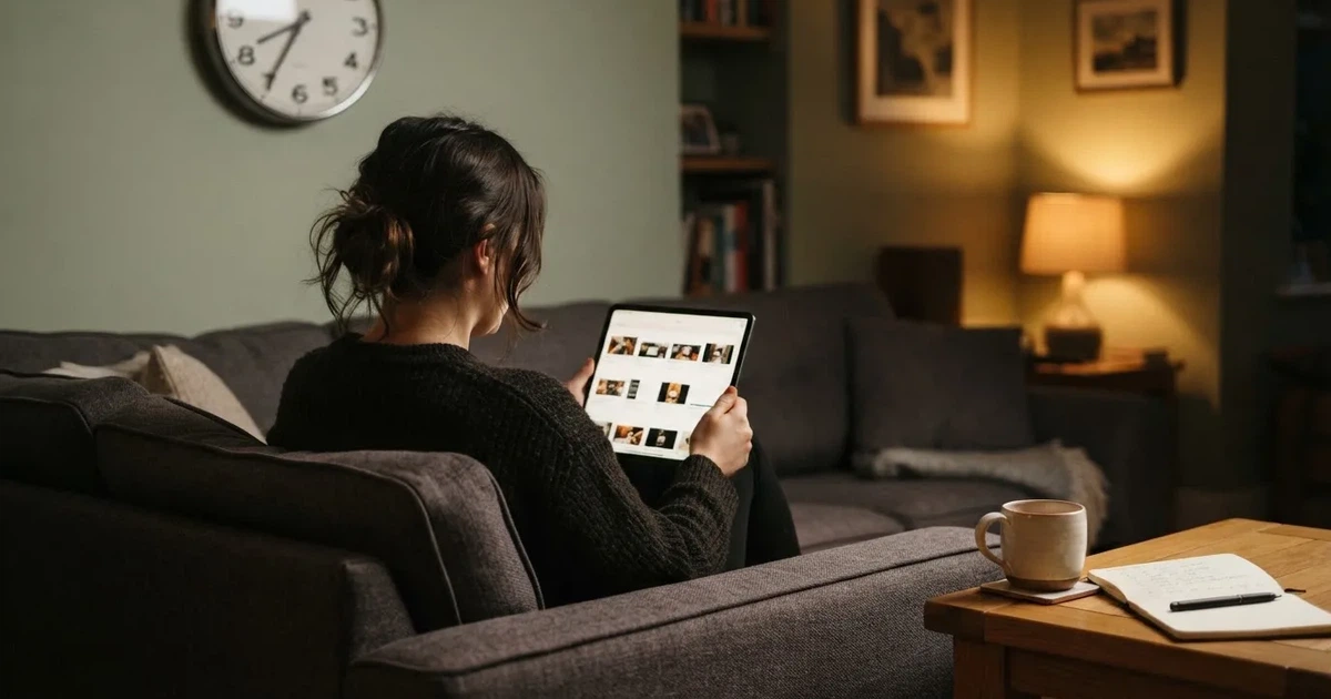 A person on a sofa looking thoughtfully at a tablet, a wall clock in the background