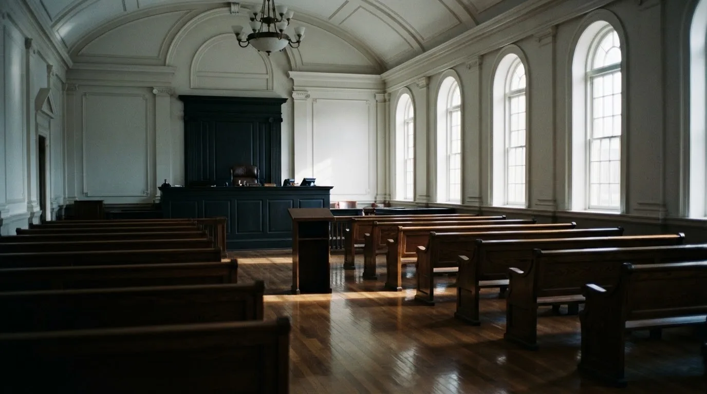 An empty courtroom with wooden benches in morning light