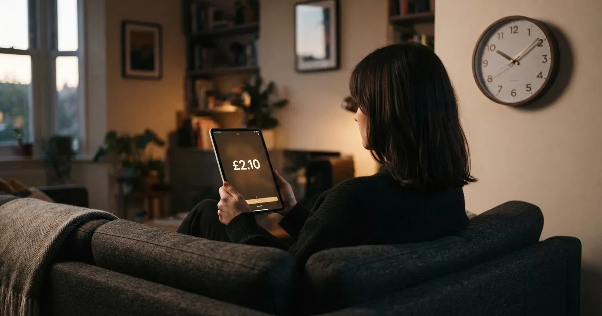 A person on a sofa looking thoughtfully at a tablet, a wall clock in the background