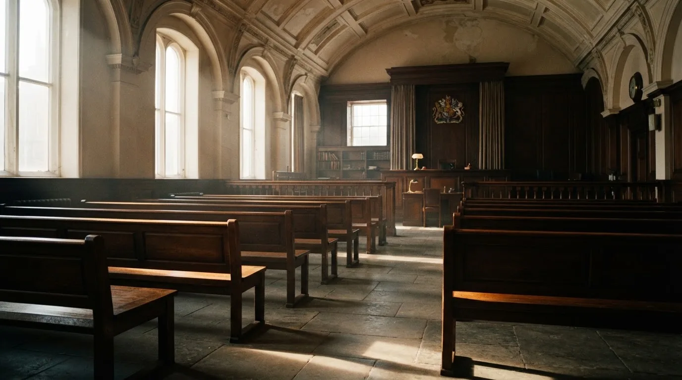 An empty courtroom with wooden benches in morning light