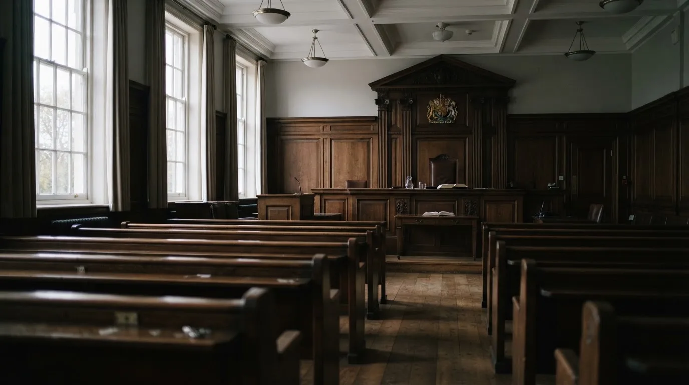 An empty courtroom with wooden benches in morning light