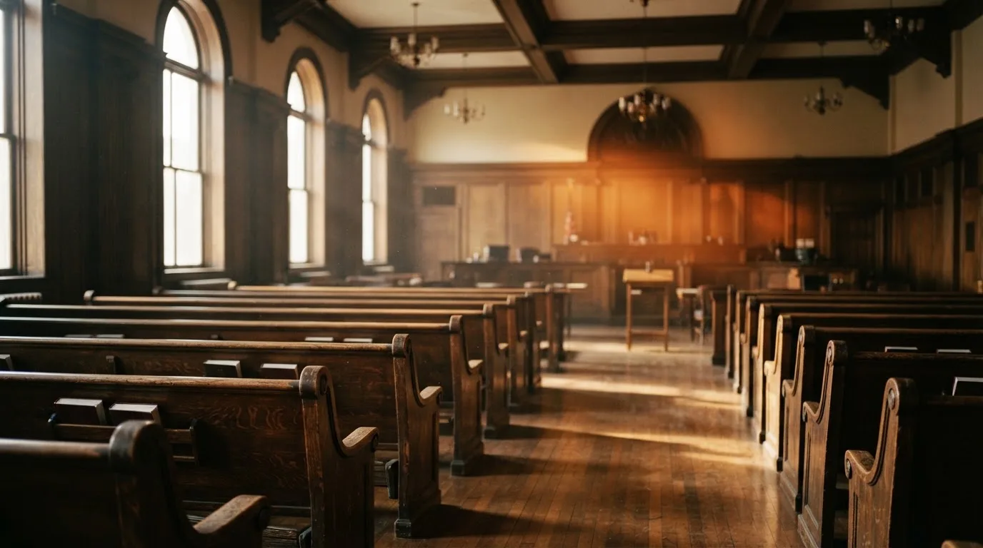 An empty courtroom with wooden benches in morning light