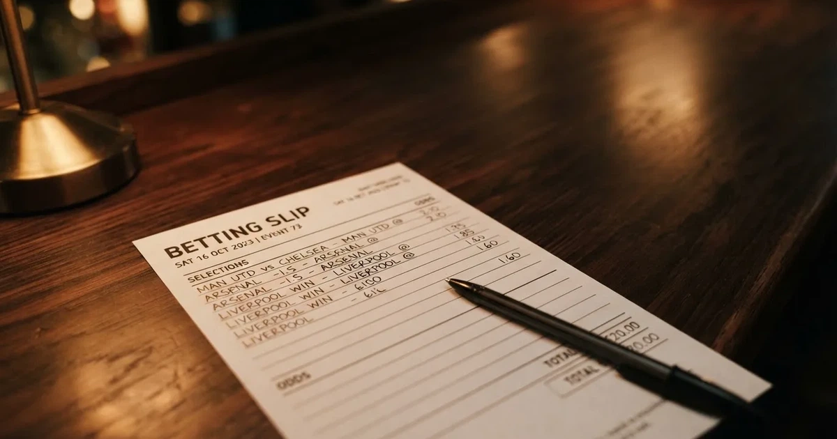 A blank paper betting slip beside a pen on a wooden counter