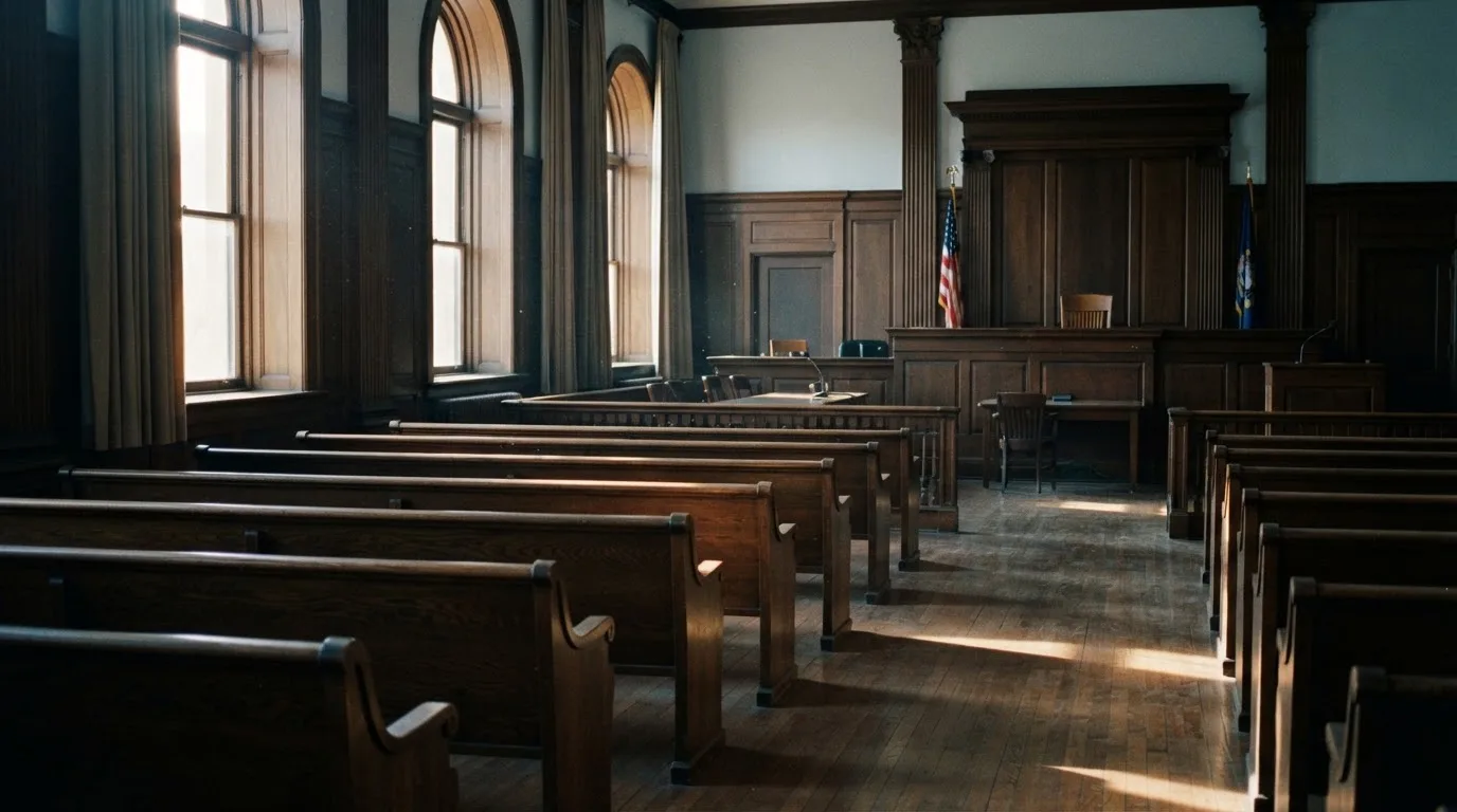 An empty courtroom with wooden benches in morning light