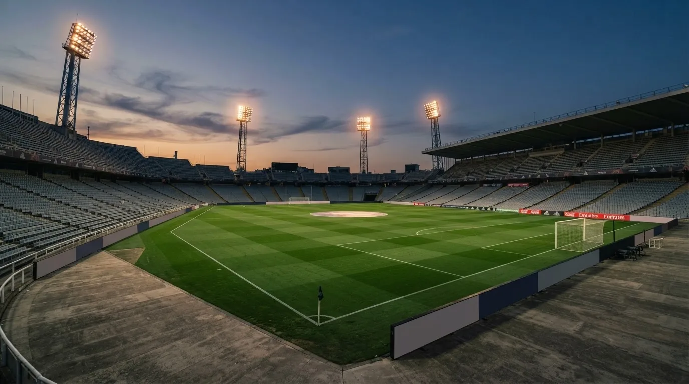 An empty football stadium with floodlight masts at dusk