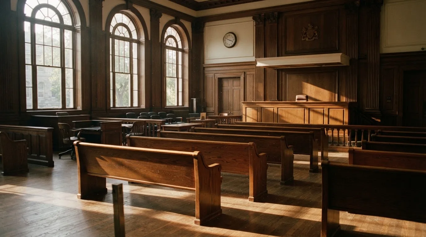 An empty courtroom with wooden benches in morning light
