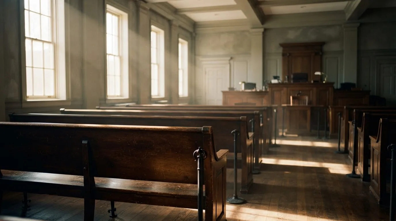 An empty courtroom with wooden benches in morning light